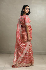 Peach Tissue Silk Saree with Silver Zari Stripes and Beads