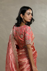 Peach Tissue Silk Saree with Silver Zari Stripes and Beads