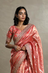 Peach Tissue Silk Saree with Silver Zari Stripes and Beads