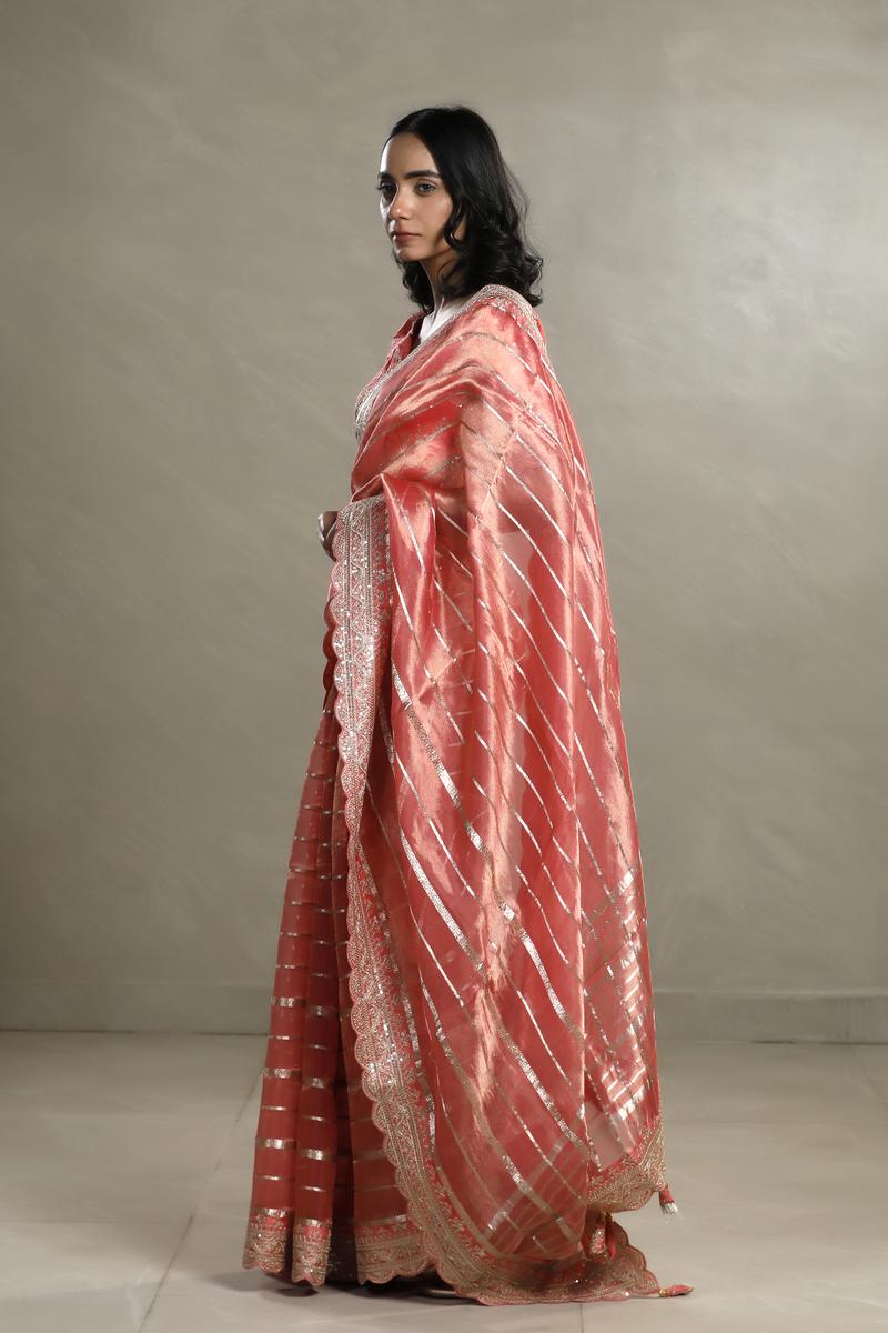 Peach Tissue Silk Saree with Silver Zari Stripes and Beads
