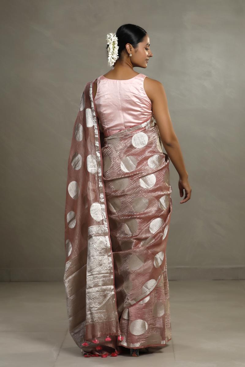 Mauve Tissue Silk Saree with Silver Zari Circular Motifs