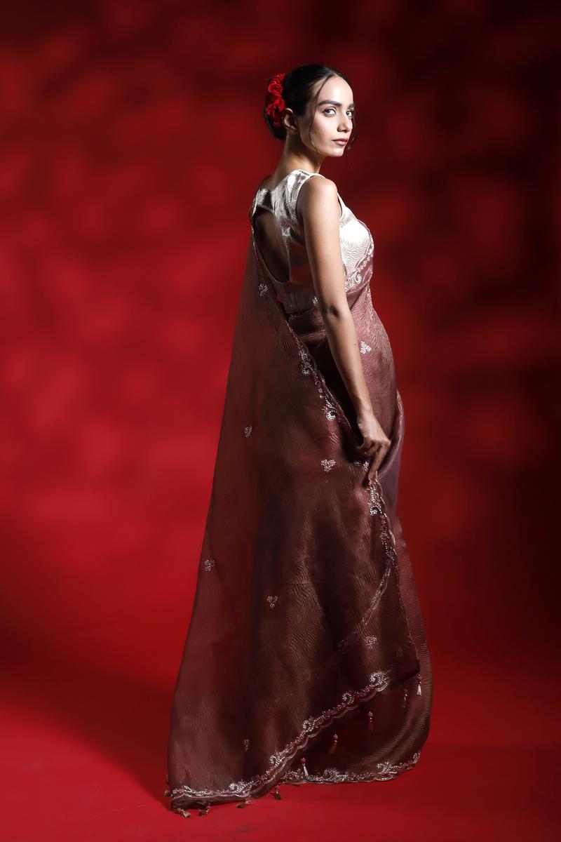 Rust Red Crushed Tissue Silk Party Wear Saree with Embellished Border