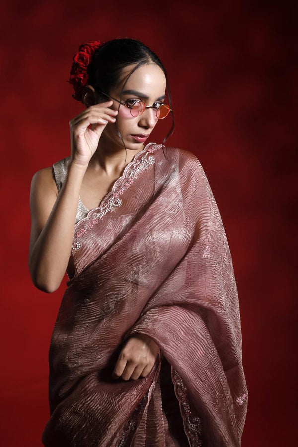 Rust Red Crushed Tissue Silk Party Wear Saree with Embellished Border