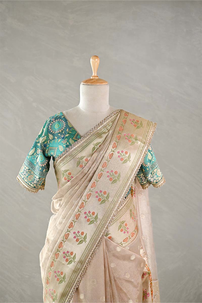 Golden White Tissue Silk Saree with Blue Designer Blouse