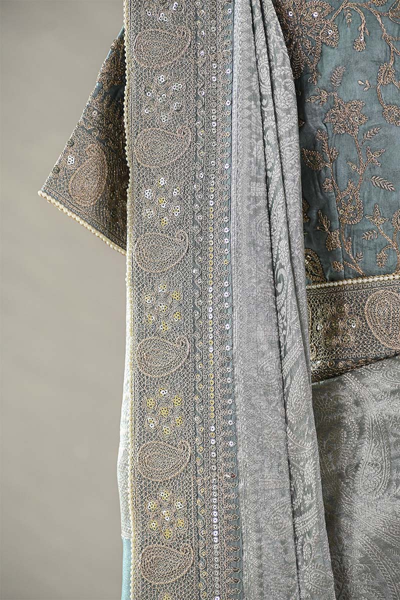 Silver Blue Tissue Silk Saree with Designer Blouse