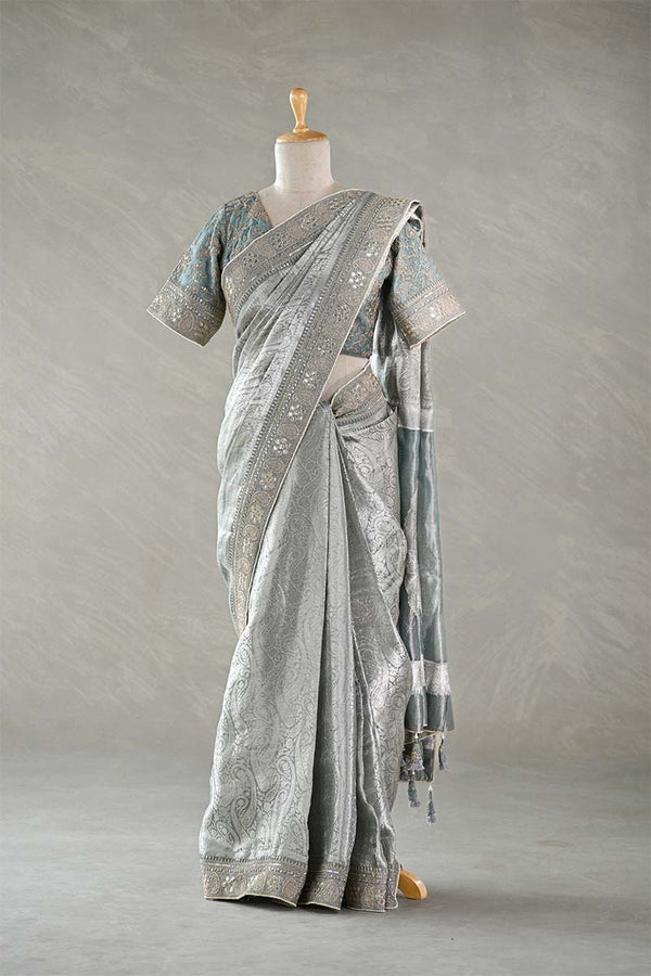 Silver Blue Tissue Silk Saree with Designer Blouse