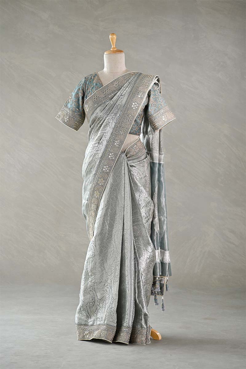 Silver Blue Tissue Silk Saree with Designer Blouse
