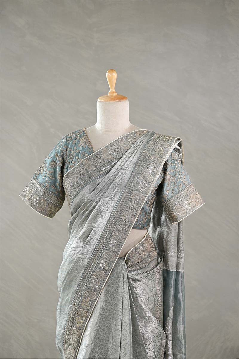 Silver Blue Tissue Silk Saree with Designer Blouse