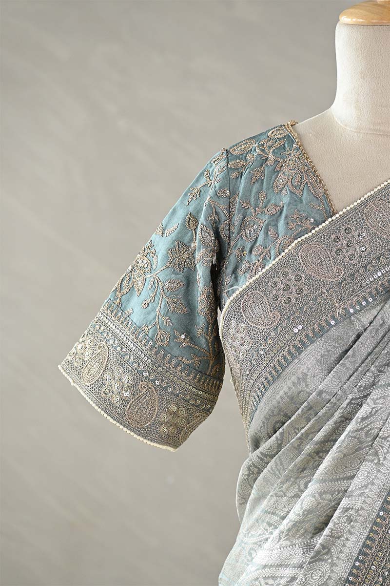 Silver Blue Tissue Silk Saree with Designer Blouse