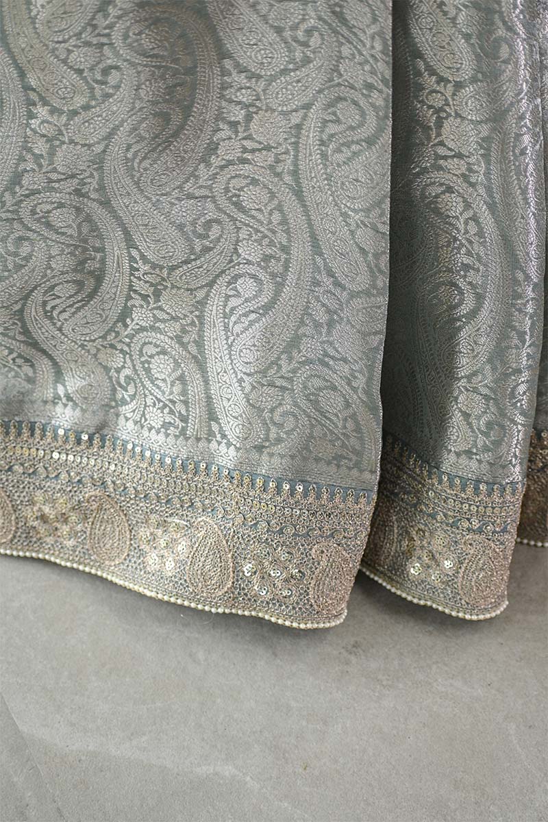 Silver Blue Tissue Silk Saree with Designer Blouse