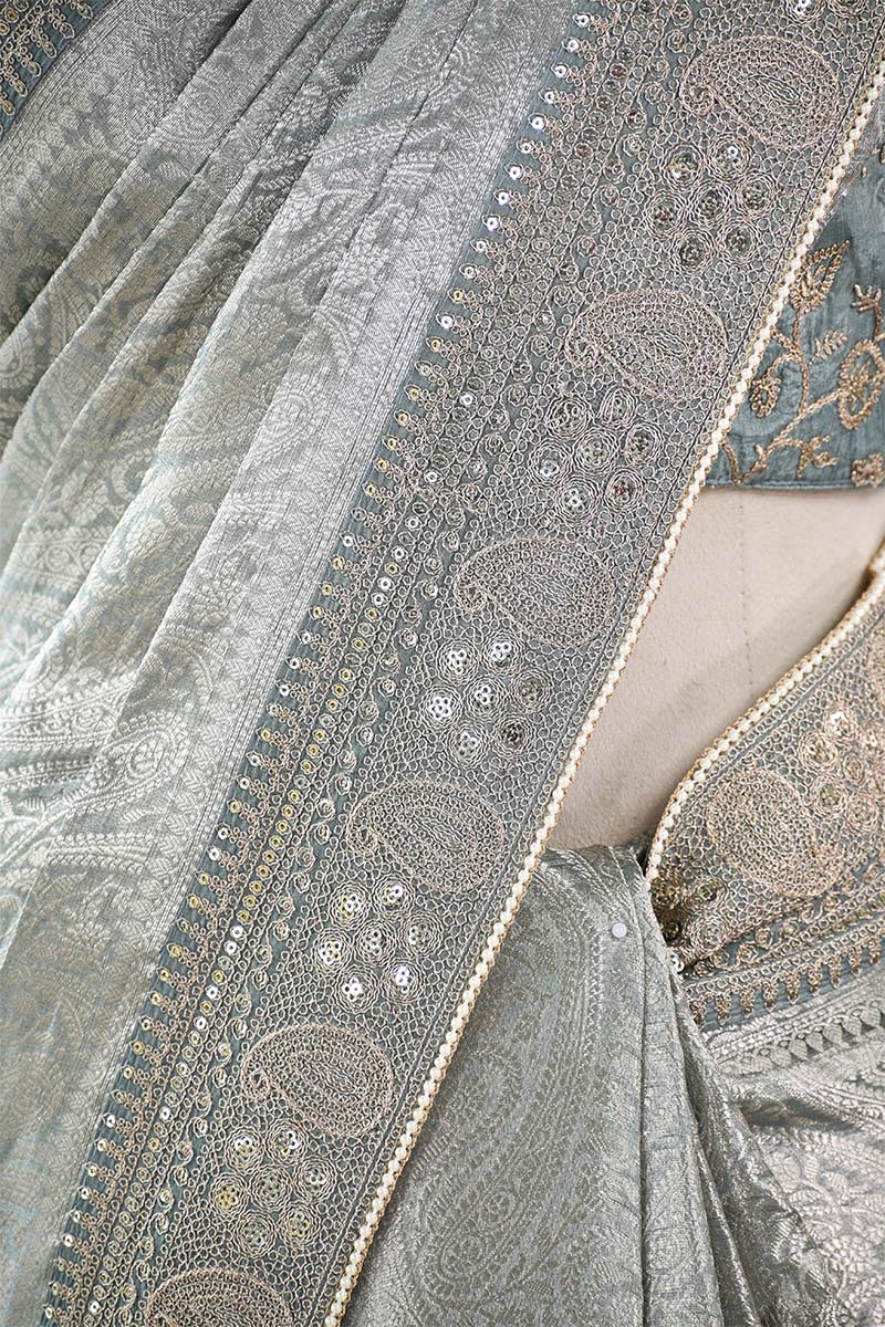Silver Blue Tissue Silk Saree with Designer Blouse