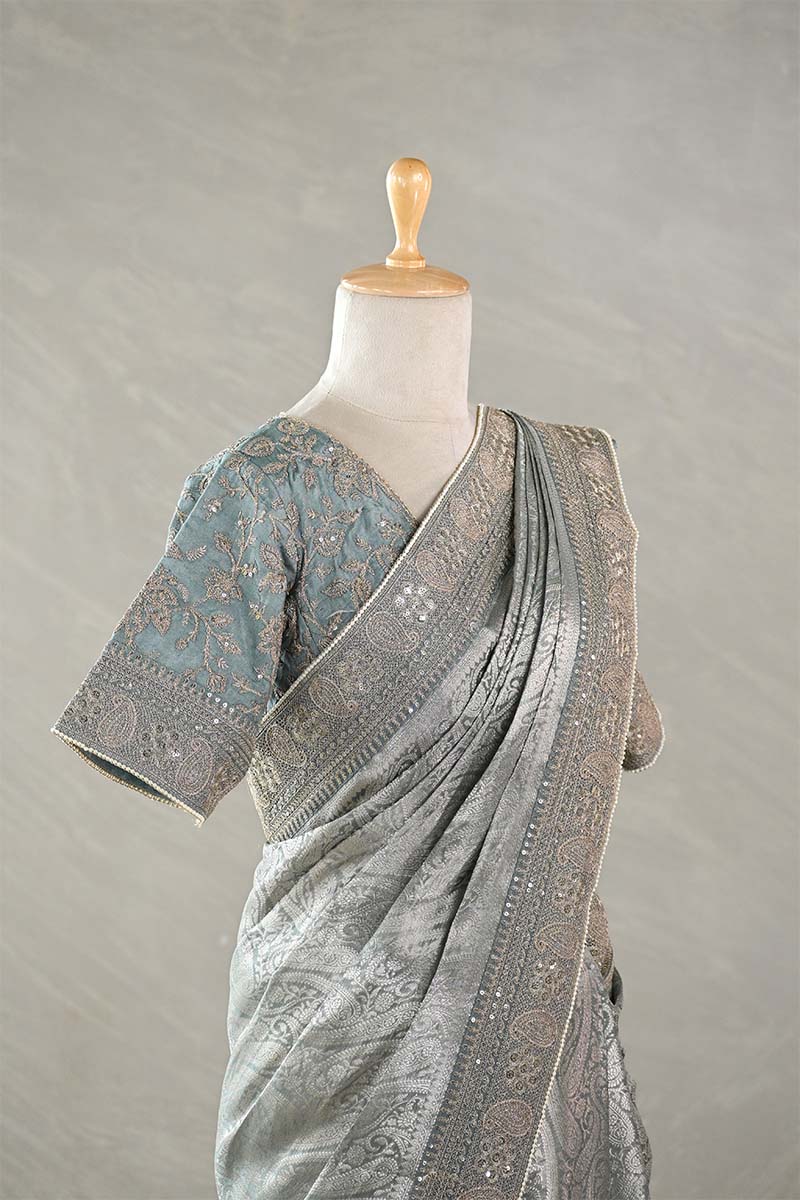 Silver Blue Tissue Silk Saree with Designer Blouse