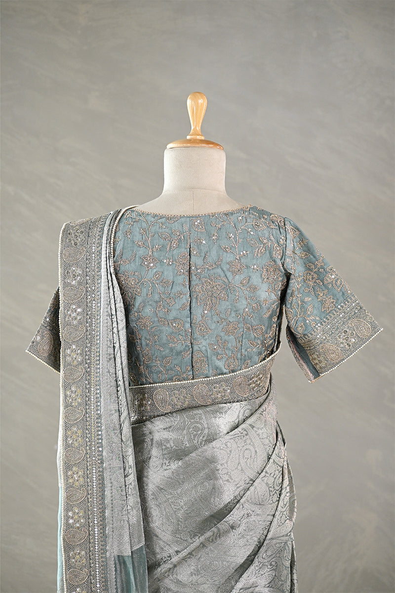 Steel Blue Tissue Silk Saree with Designer Blouse