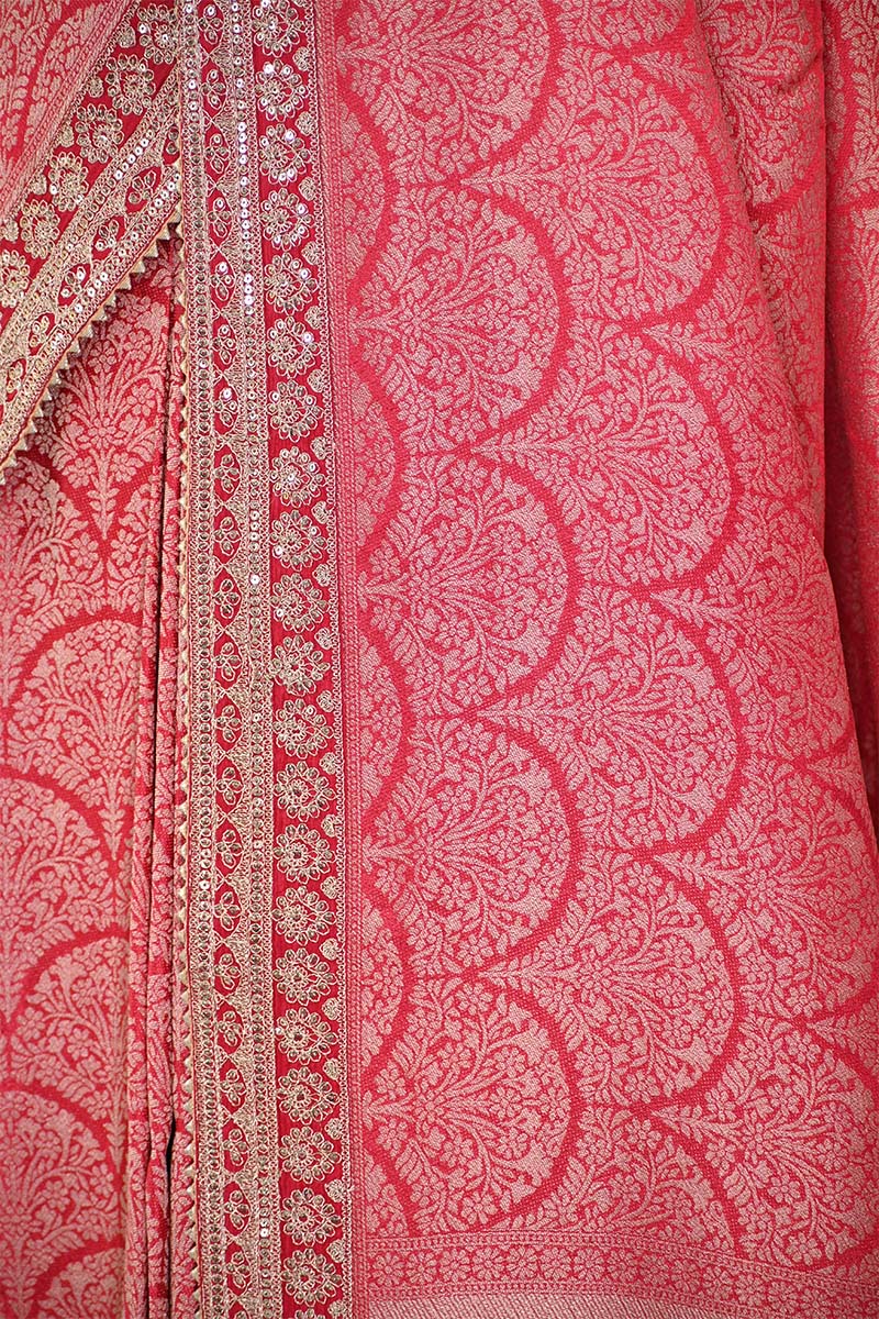 Red Tissue Silk Saree With Embellished Lace Border