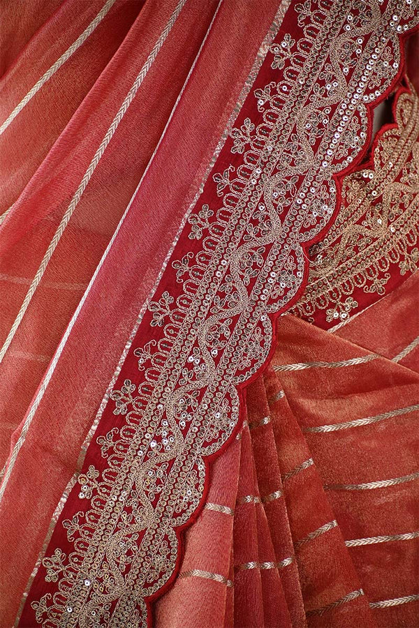 Rust Red Tissue Silk Saree with Silver Zari Stripes and Beads
