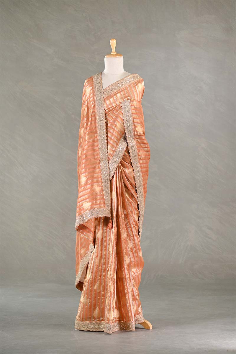 Orange Tissue Silk Saree With Embellished Lace Border