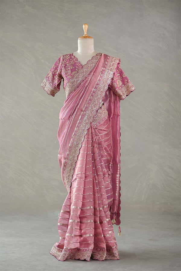 Mauve Tissue Silk Saree with Silver Zari Stripes and Beads
