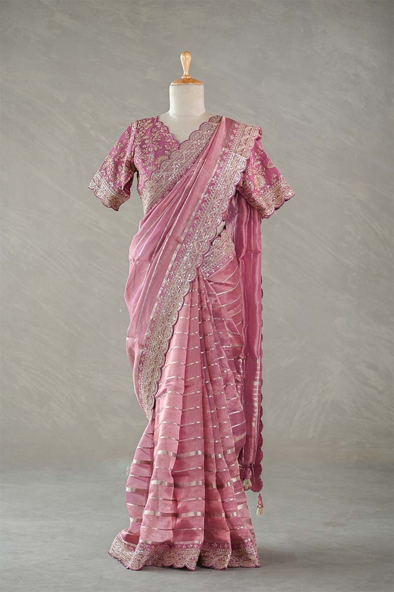 Mauve Tissue Silk Saree with Silver Zari Stripes and Beads