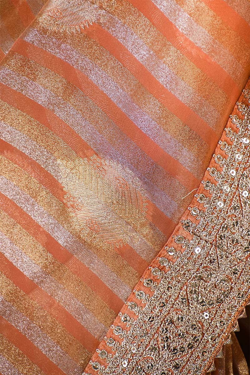 Orange Tissue Silk Saree With Embellished Lace Border