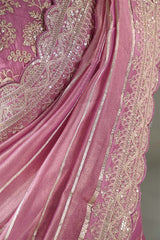Mauve Tissue Silk Saree with Silver Zari Stripes and Beads