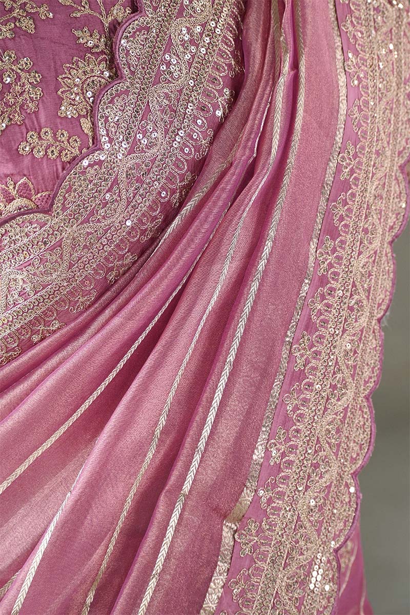 Mauve Tissue Silk Saree with Silver Zari Stripes and Beads
