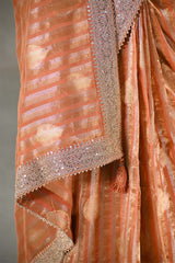 Orange Tissue Silk Saree With Embellished Lace Border