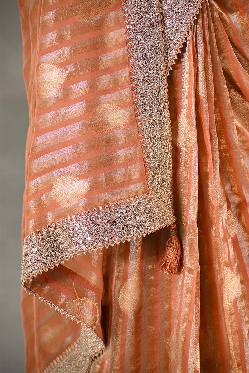 Orange Tissue Silk Saree With Embellished Lace Border