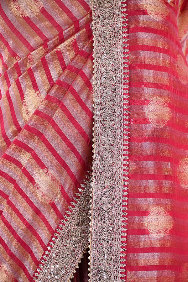 Red Tissue Silk Saree With Embellished Lace Border