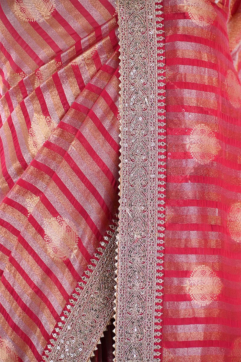Red Tissue Silk Saree With Embellished Lace Border