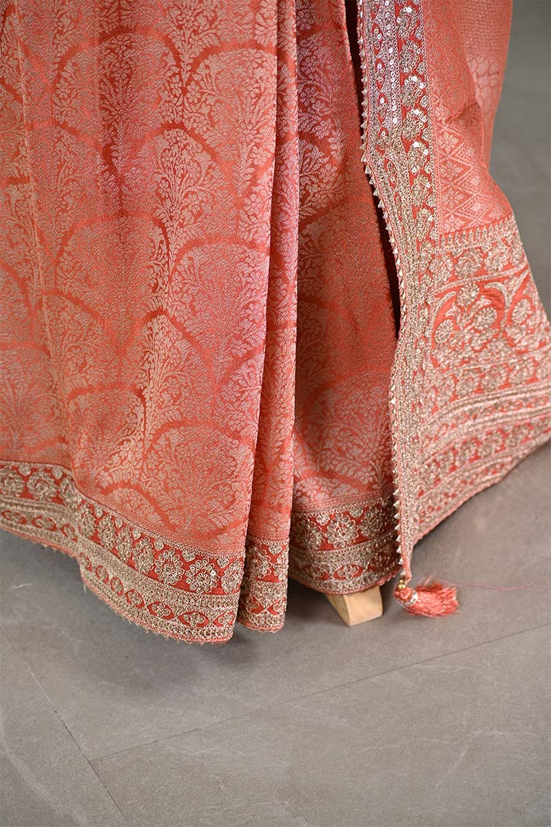 Orange Tissue Silk Saree With Embellished Lace Border