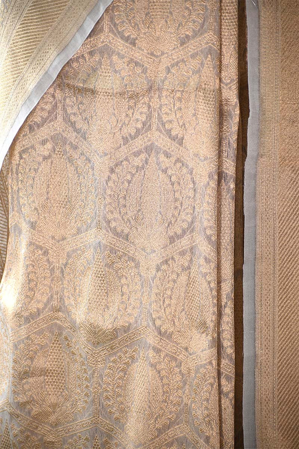 Golden Grey Brocade Handloom Banarasi Tissue Silk Saree with Gold Zari Border