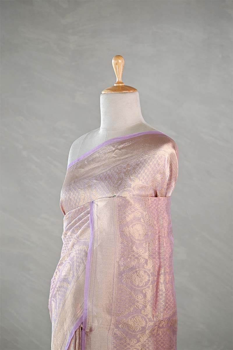 Pink Brocade Handloom Banarasi Tissue Silk Saree with Gold Zari Border
