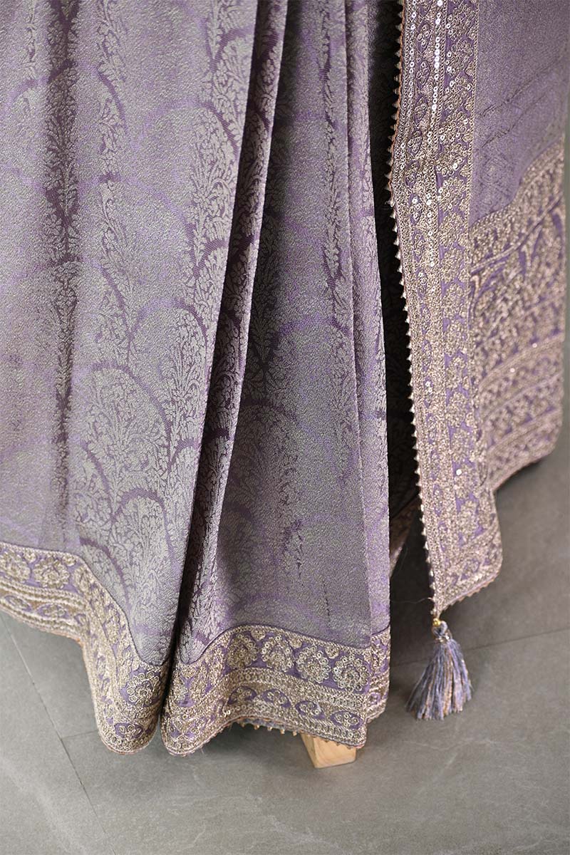 Lilac Tissue Silk Saree With Embellished Lace Border
