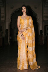 Yellow Organza Silk Saree with Crushed Tissue Zari Stripes