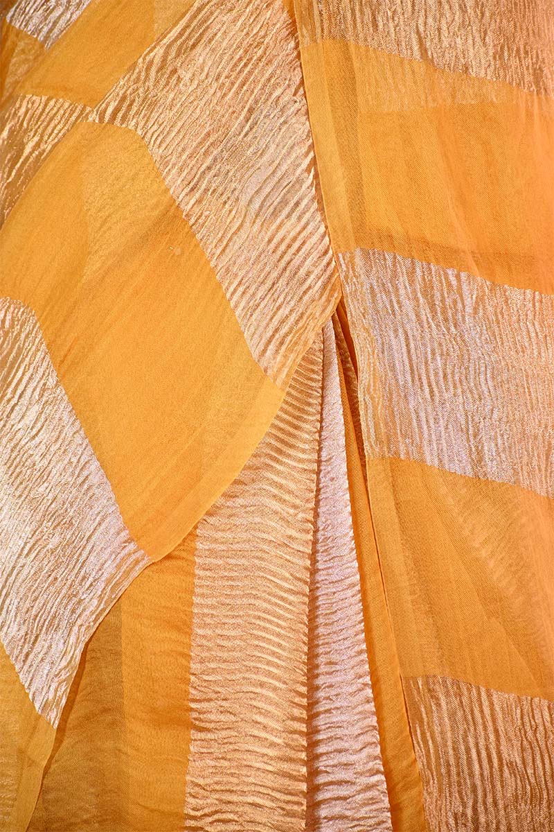 Yellow Organza Silk Saree with Crushed Tissue Zari Stripes