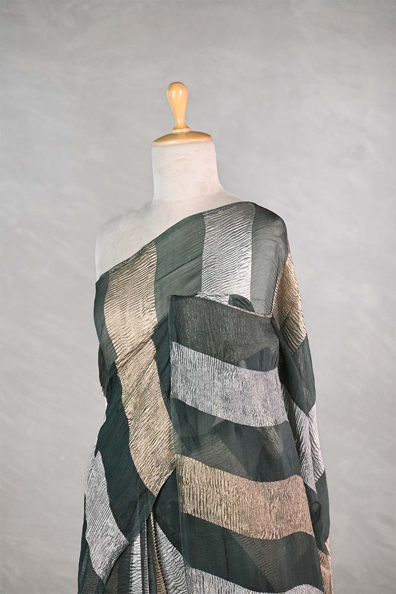 Deep Green Organza Silk Saree with Crushed Tissue Zari Stripes