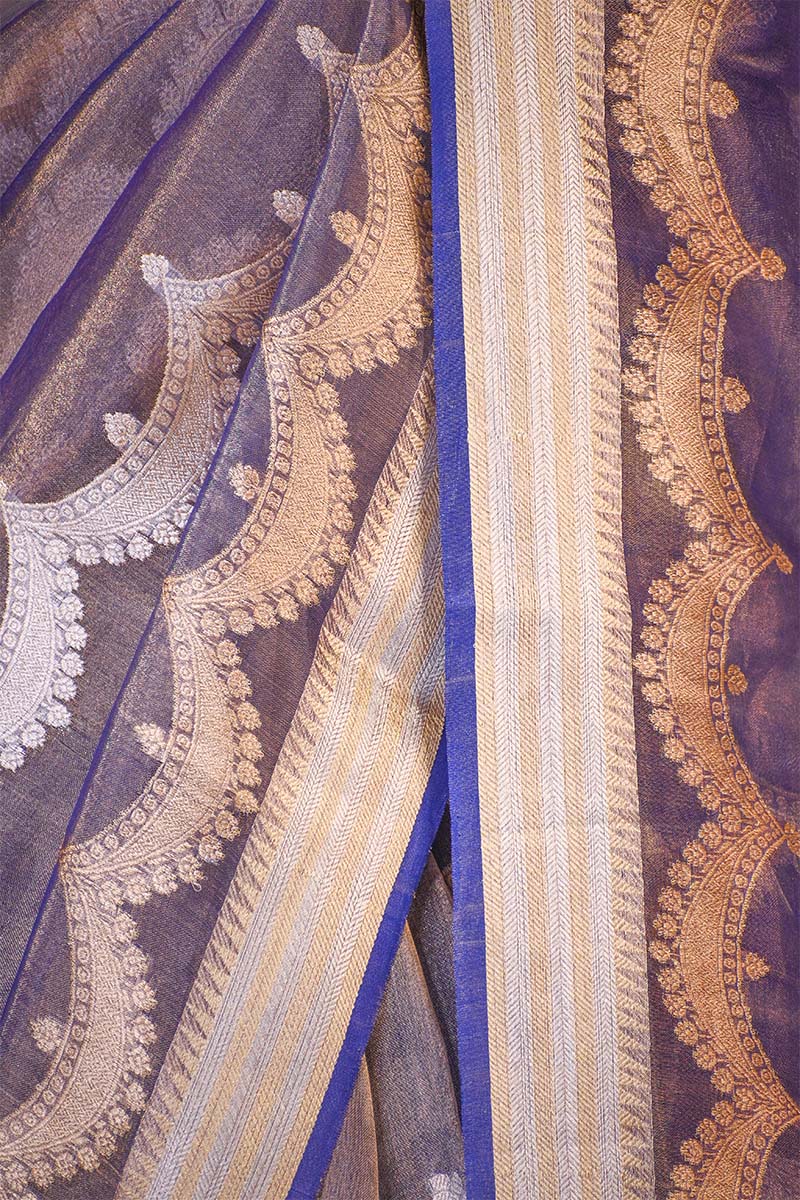 Blue Tissue Silk Saree with Gold-Silver Zari Necklace Stripes