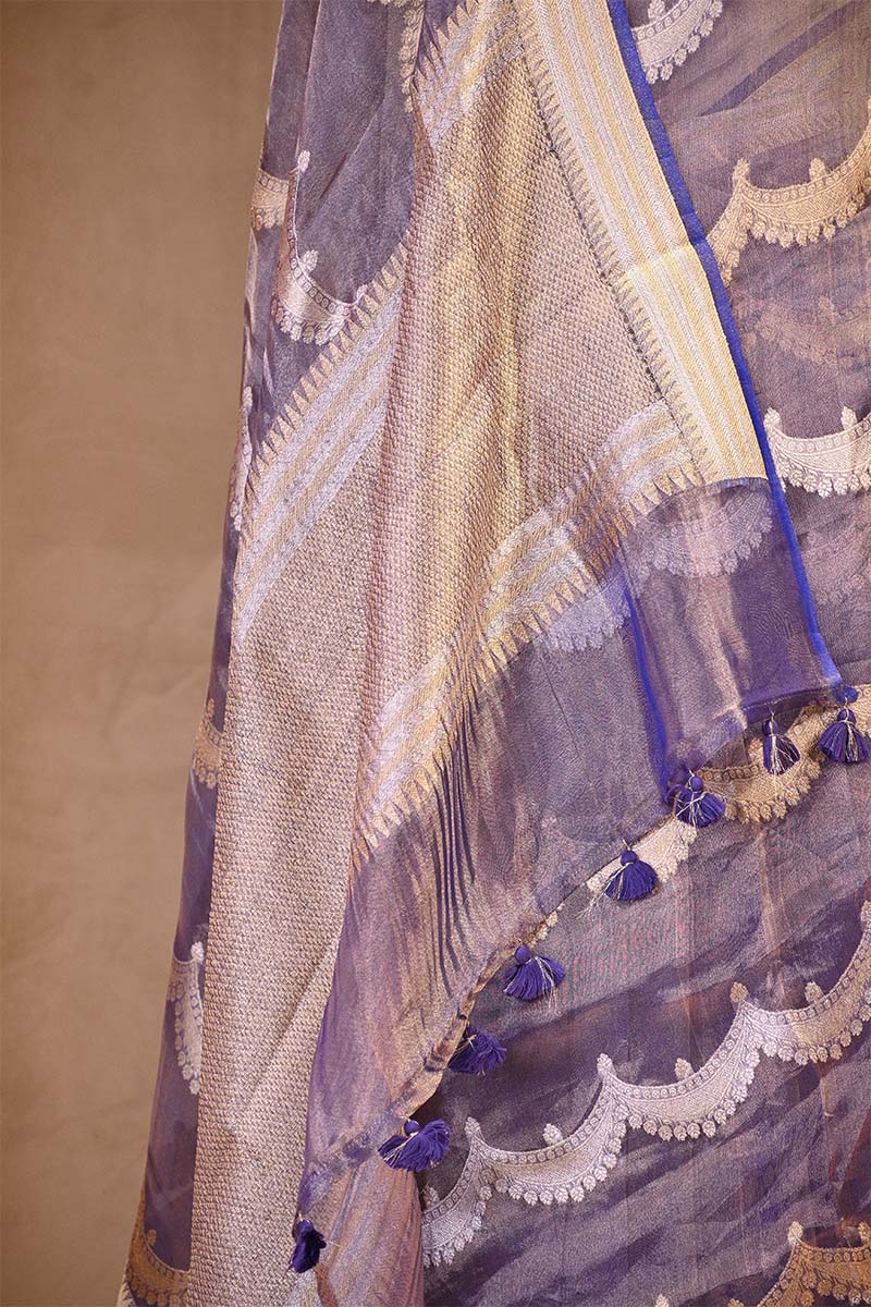 Blue Tissue Silk Saree with Gold-Silver Zari Necklace Stripes
