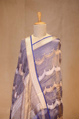 Blue Tissue Silk Saree with Gold-Silver Zari Necklace Stripes