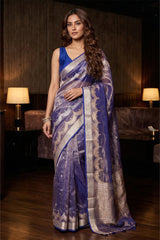 Blue Tissue Silk Saree with Gold-Silver Zari Necklace Stripes