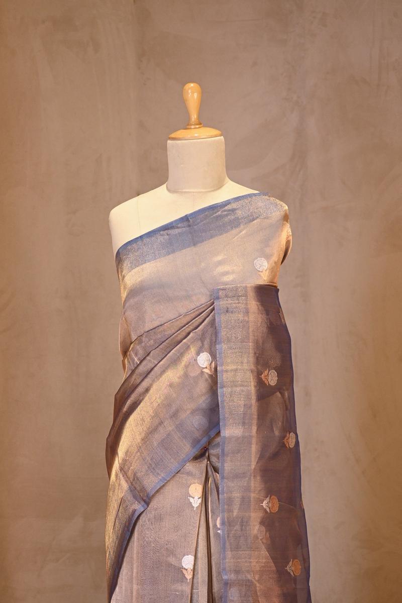 Metallic Blue Tissue Silk Saree with Gold-Silver Zari Floral Motifs