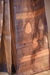 Metallic Blue Tissue Silk Saree with Gold-Silver Zari Floral Motifs