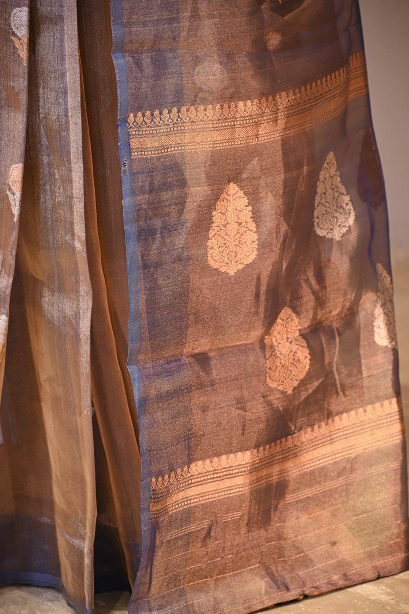 Metallic Blue Tissue Silk Saree with Gold-Silver Zari Floral Motifs