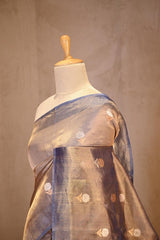 Metallic Blue Tissue Silk Saree with Gold-Silver Zari Floral Motifs