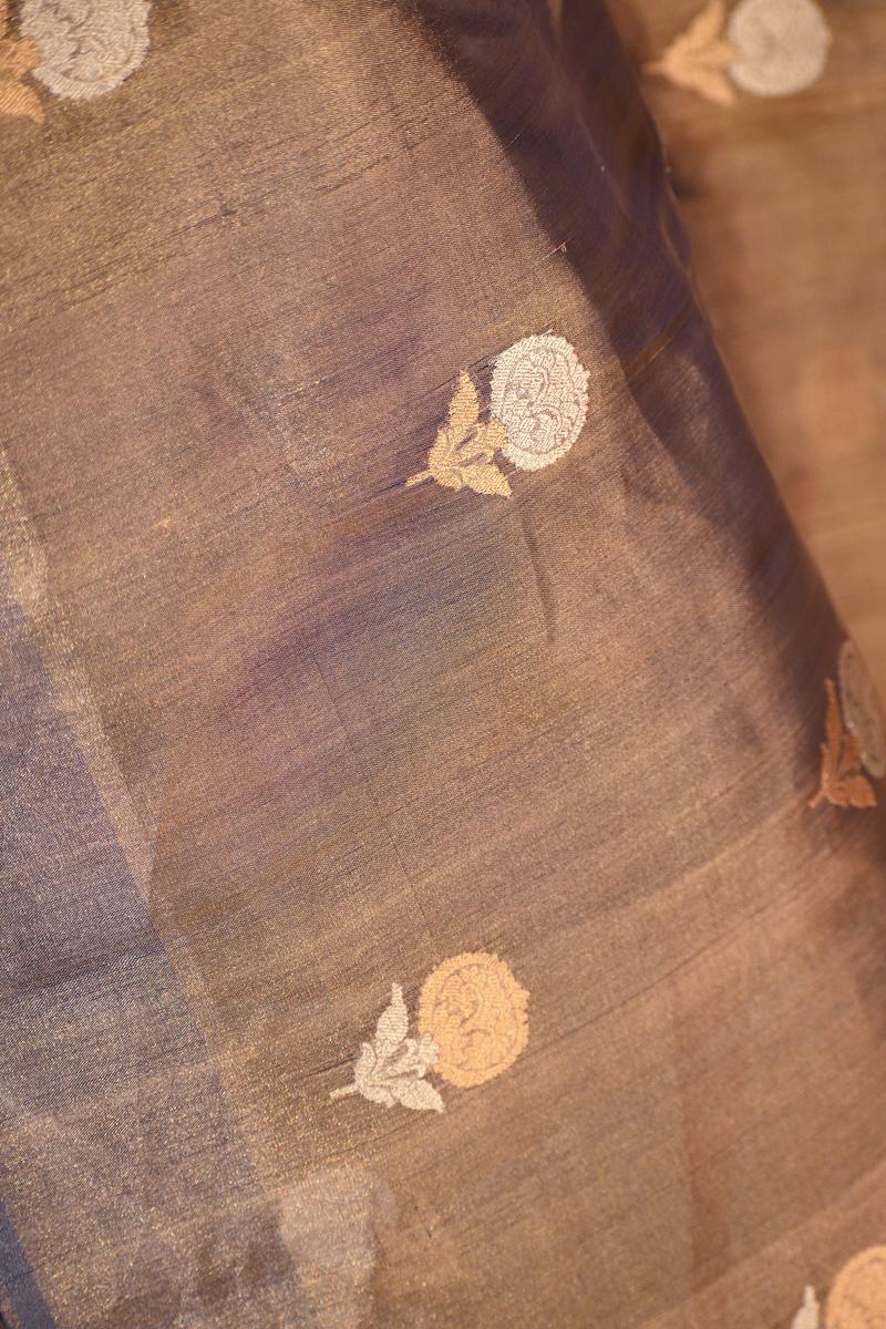 Metallic Blue Tissue Silk Saree with Gold-Silver Zari Floral Motifs