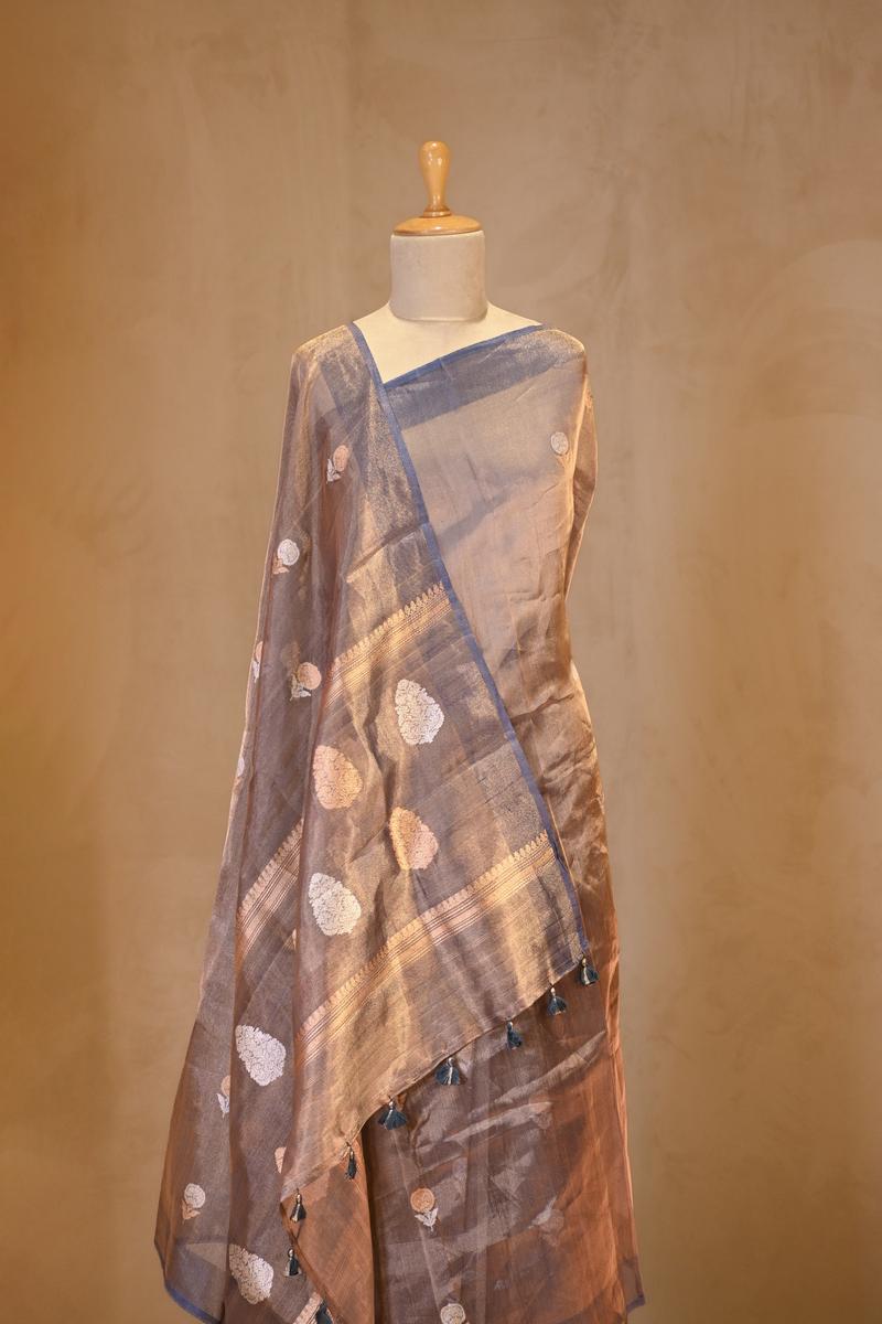 Metallic Blue Tissue Silk Saree with Gold-Silver Zari Floral Motifs