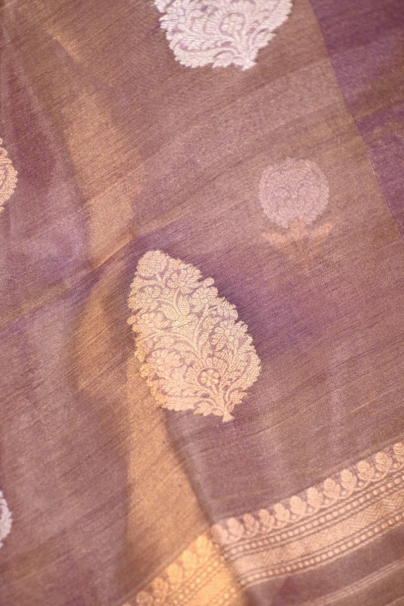 Metallic Purple Tissue Silk Saree with Gold-Silver Zari Floral Motifs