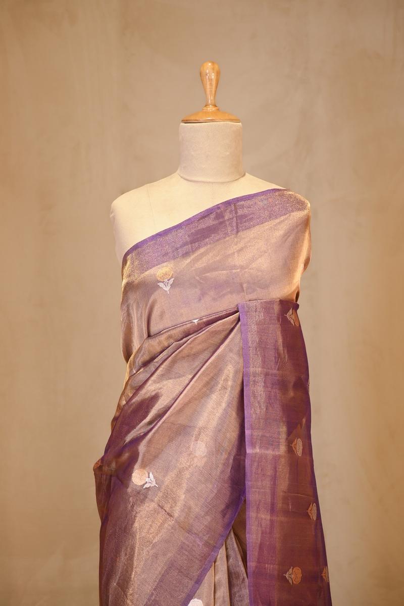 Metallic Purple Tissue Silk Saree with Gold-Silver Zari Floral Motifs