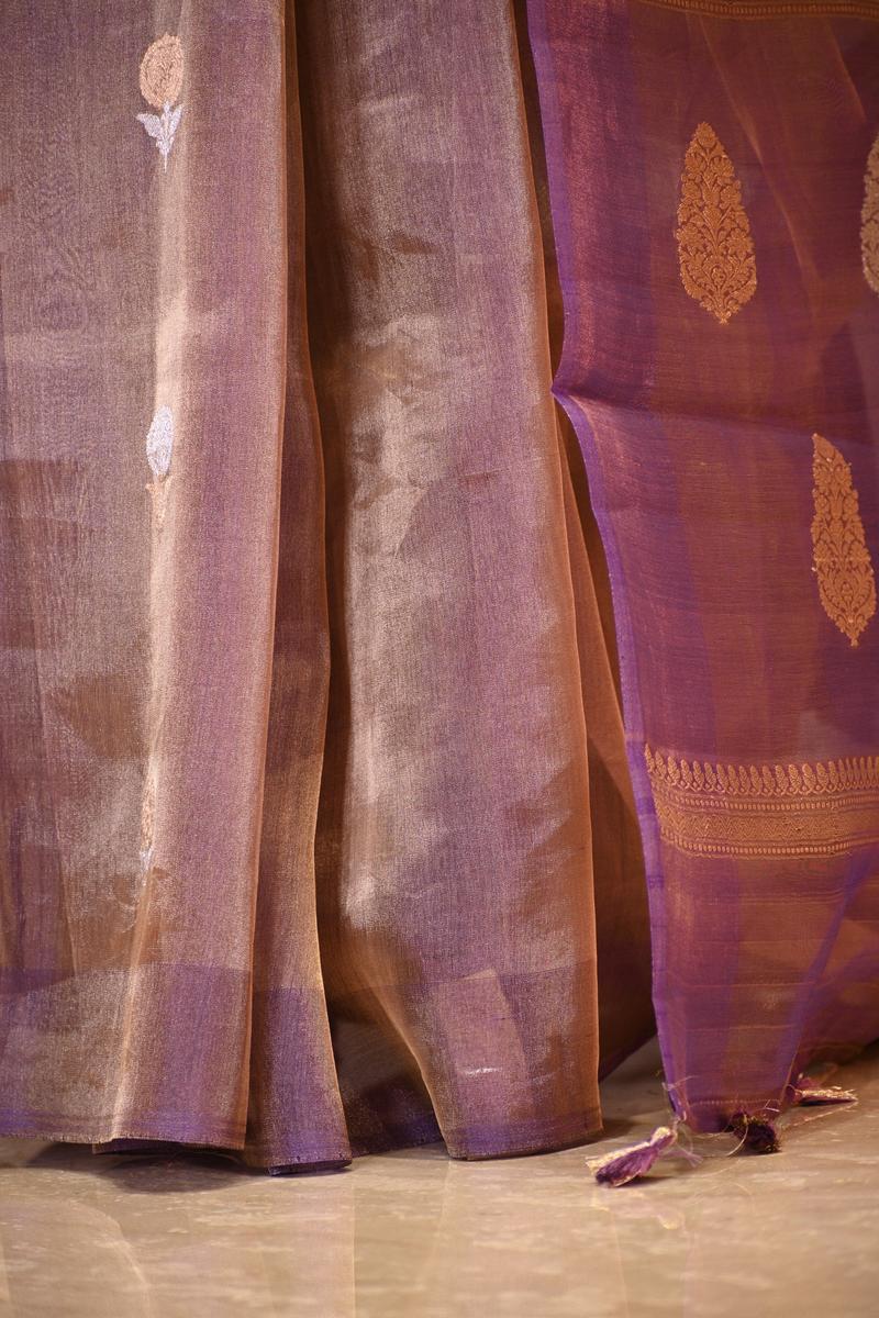 Metallic Purple Tissue Silk Saree with Gold-Silver Zari Floral Motifs