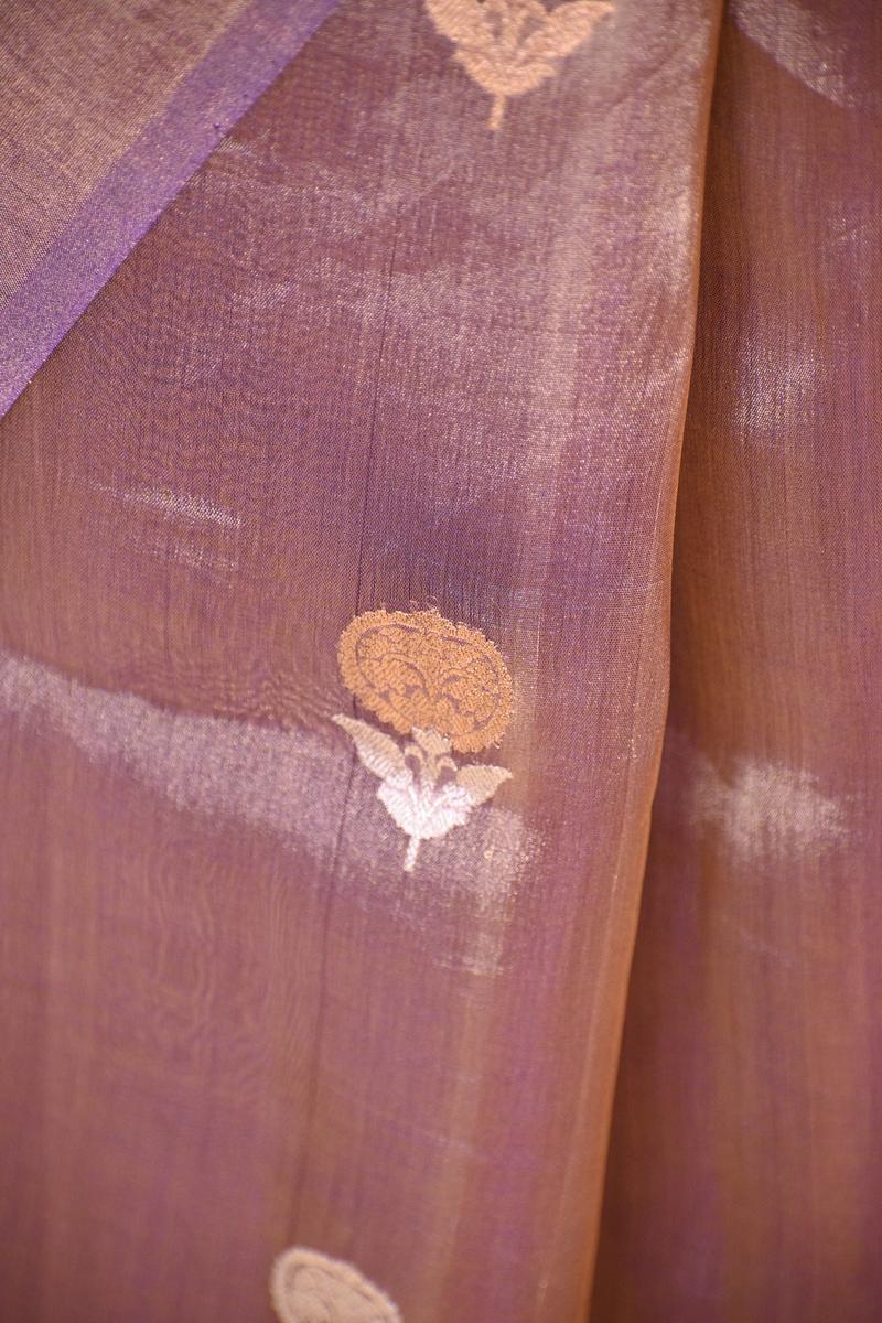Metallic Purple Tissue Silk Saree with Gold-Silver Zari Floral Motifs